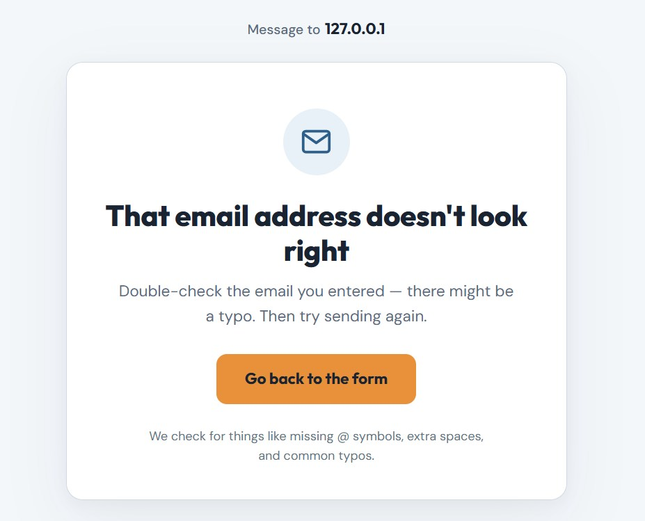 SpamKill's That email address doesn't look right page with a Go back to the form button