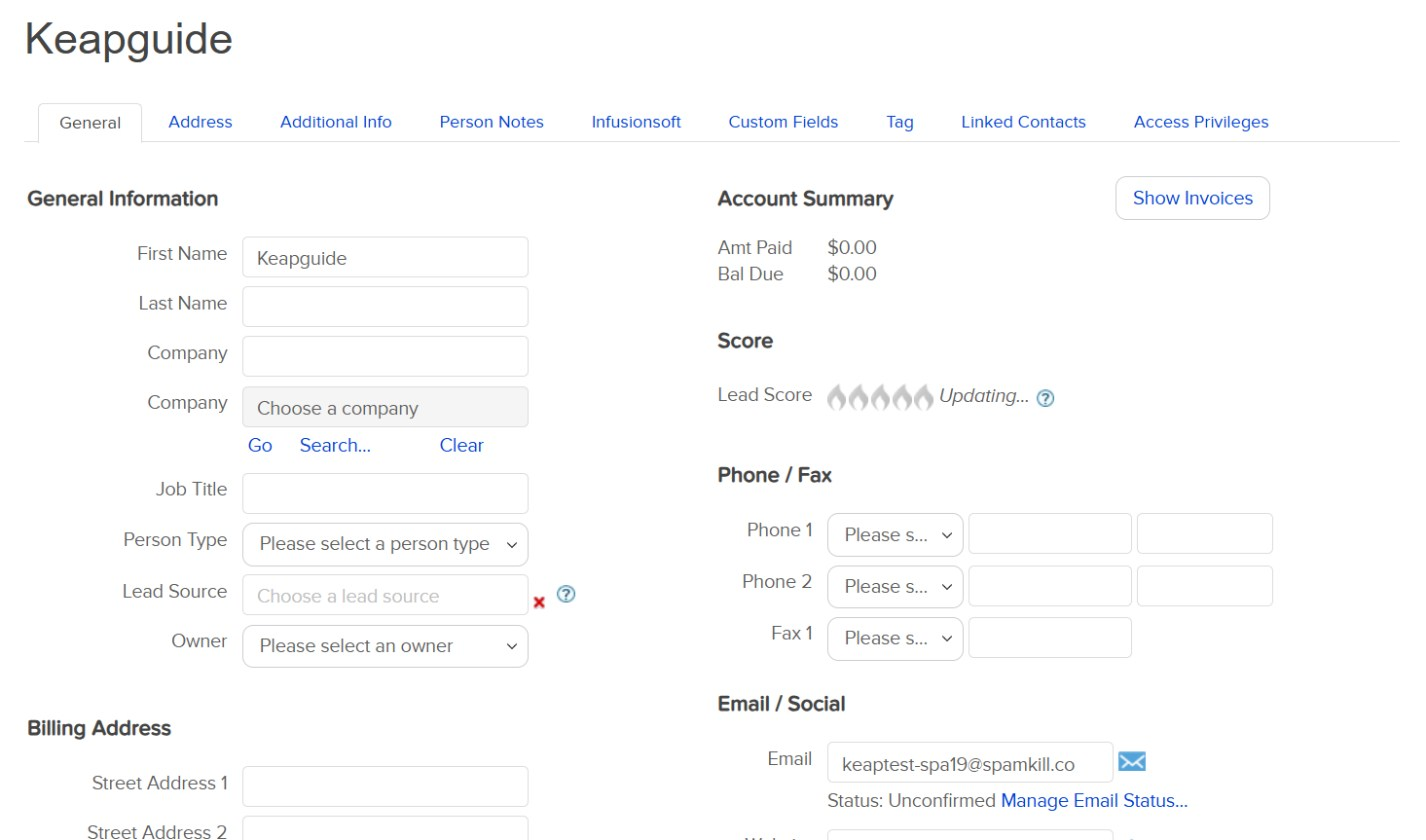 The new Keap contact record with the test email address