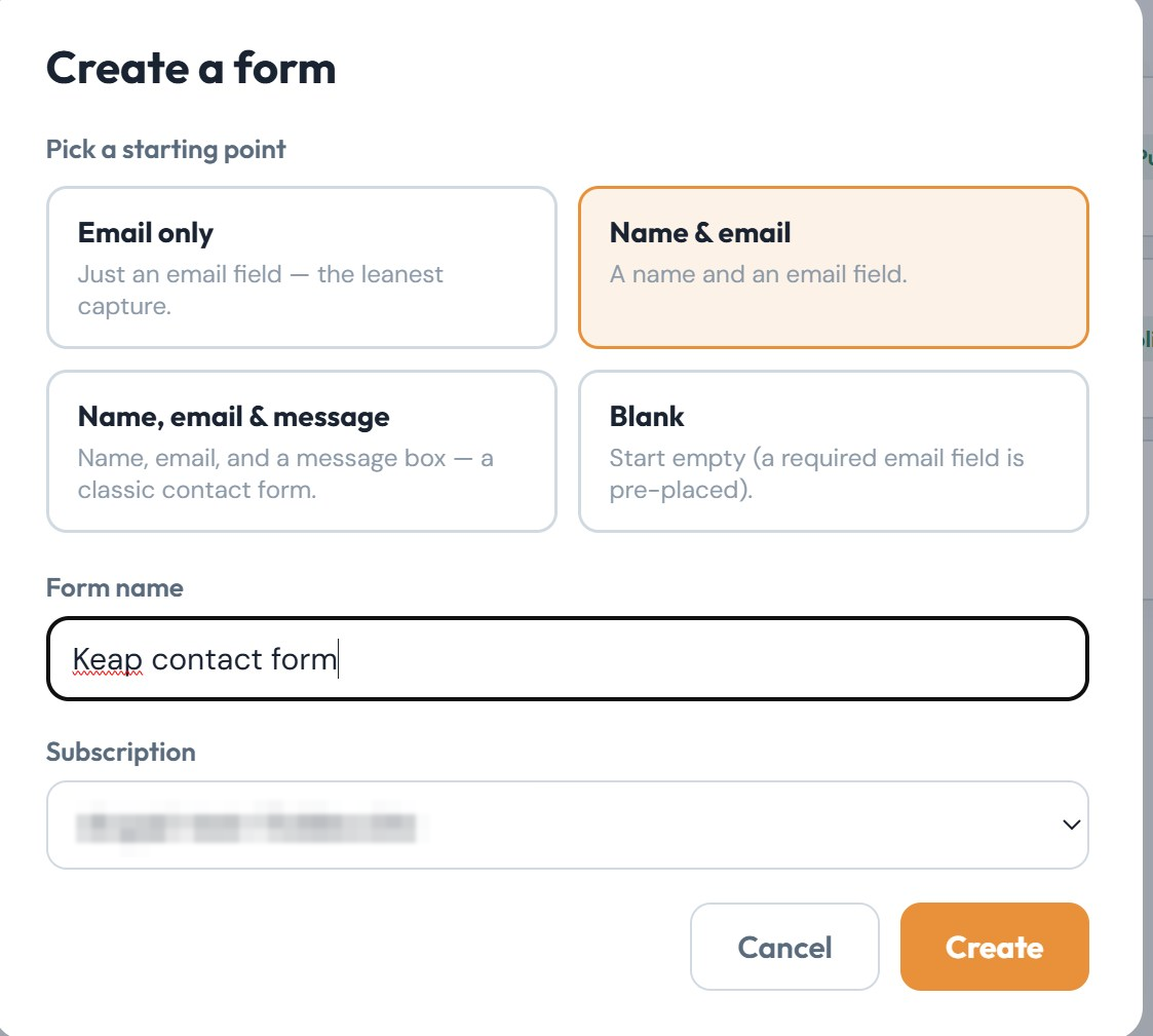 The Create a form dialog with Name and email selected and the form named Keap contact form