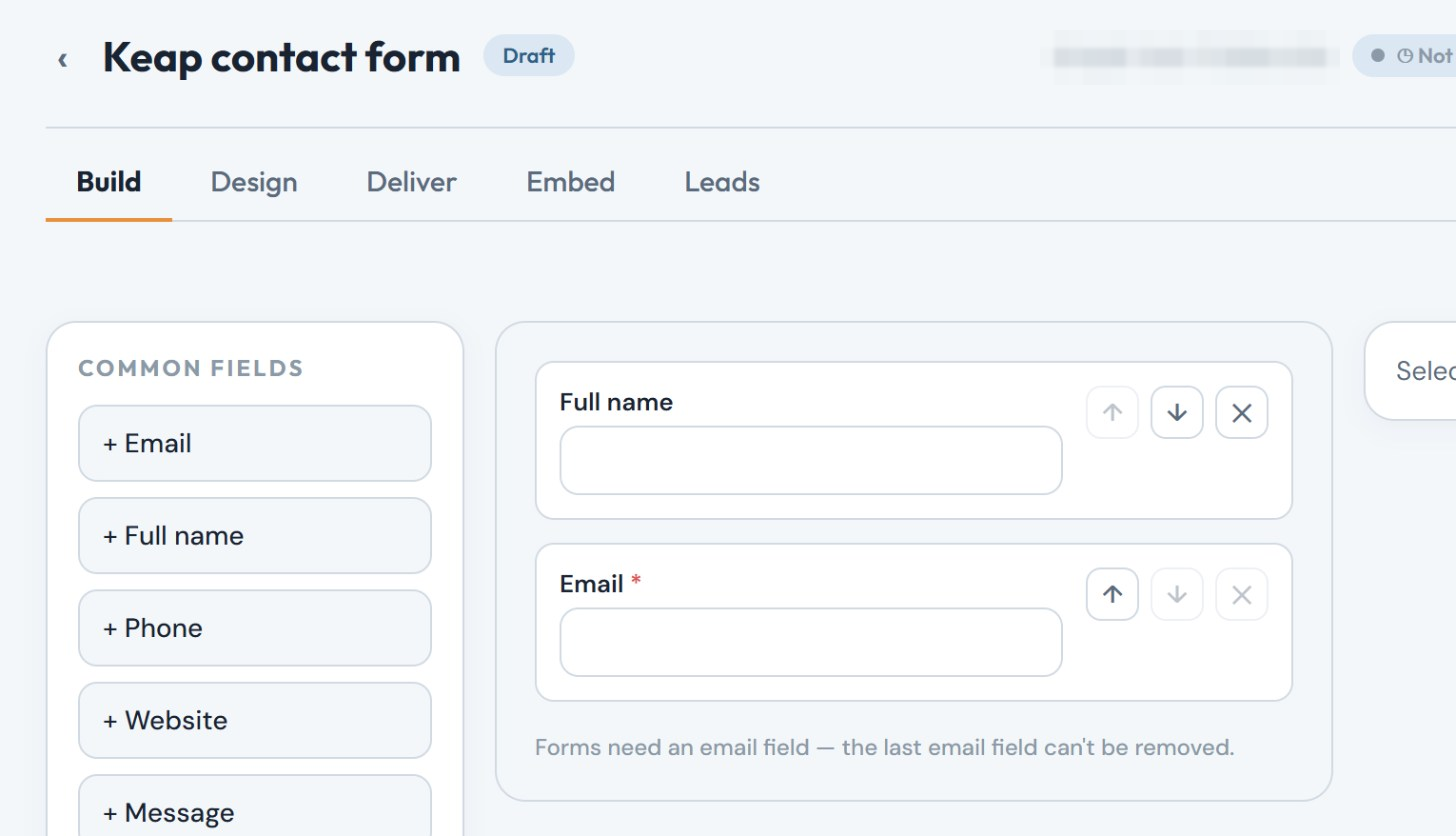 The Build tab, with the Common fields list on the left and the form's Full name and Email fields in the middle