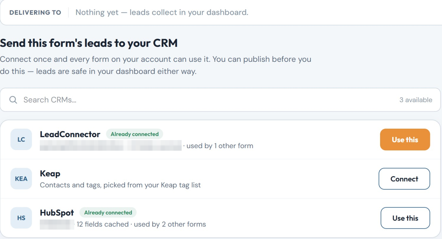 The Deliver tab listing LeadConnector, Keap with a Connect button, and HubSpot