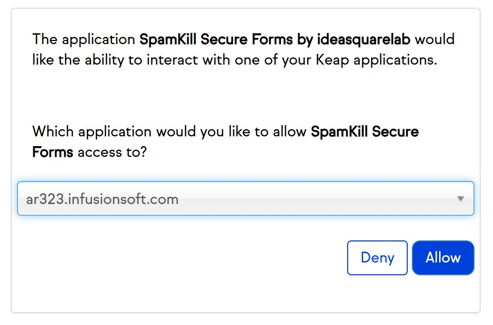 Keap's Authorize Application screen with a Keap app selected and the Allow button