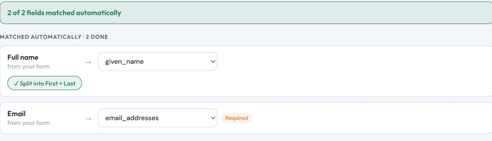 The field mapping: Full name to given_name with Split into First and Last, and Email to email_addresses