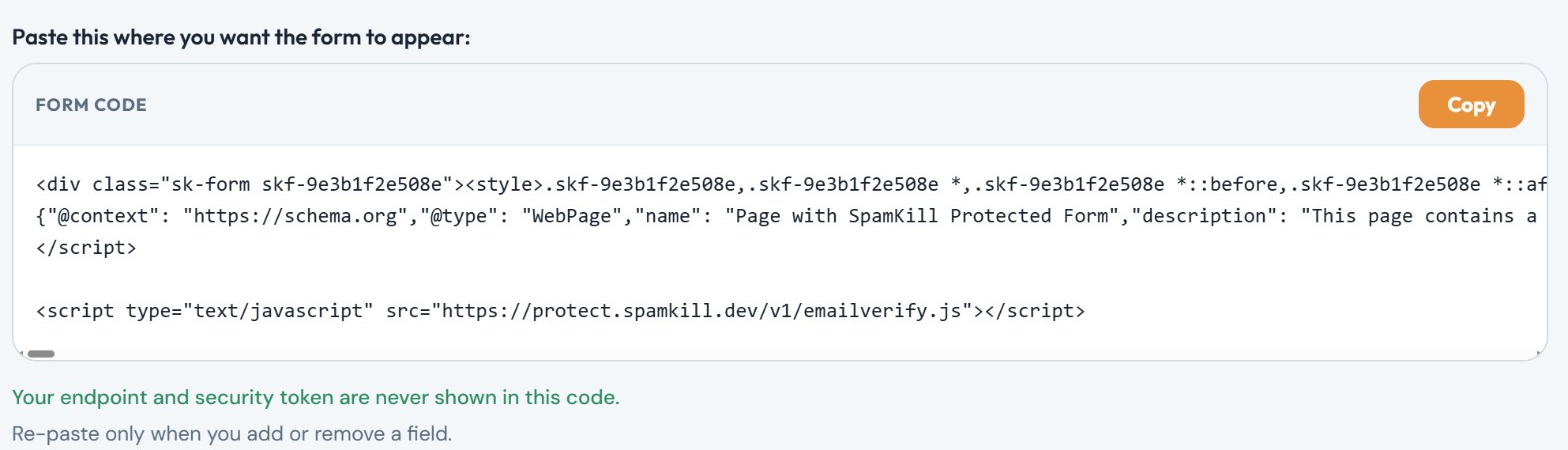 The Embed tab of a published form, showing the form code and a Copy button