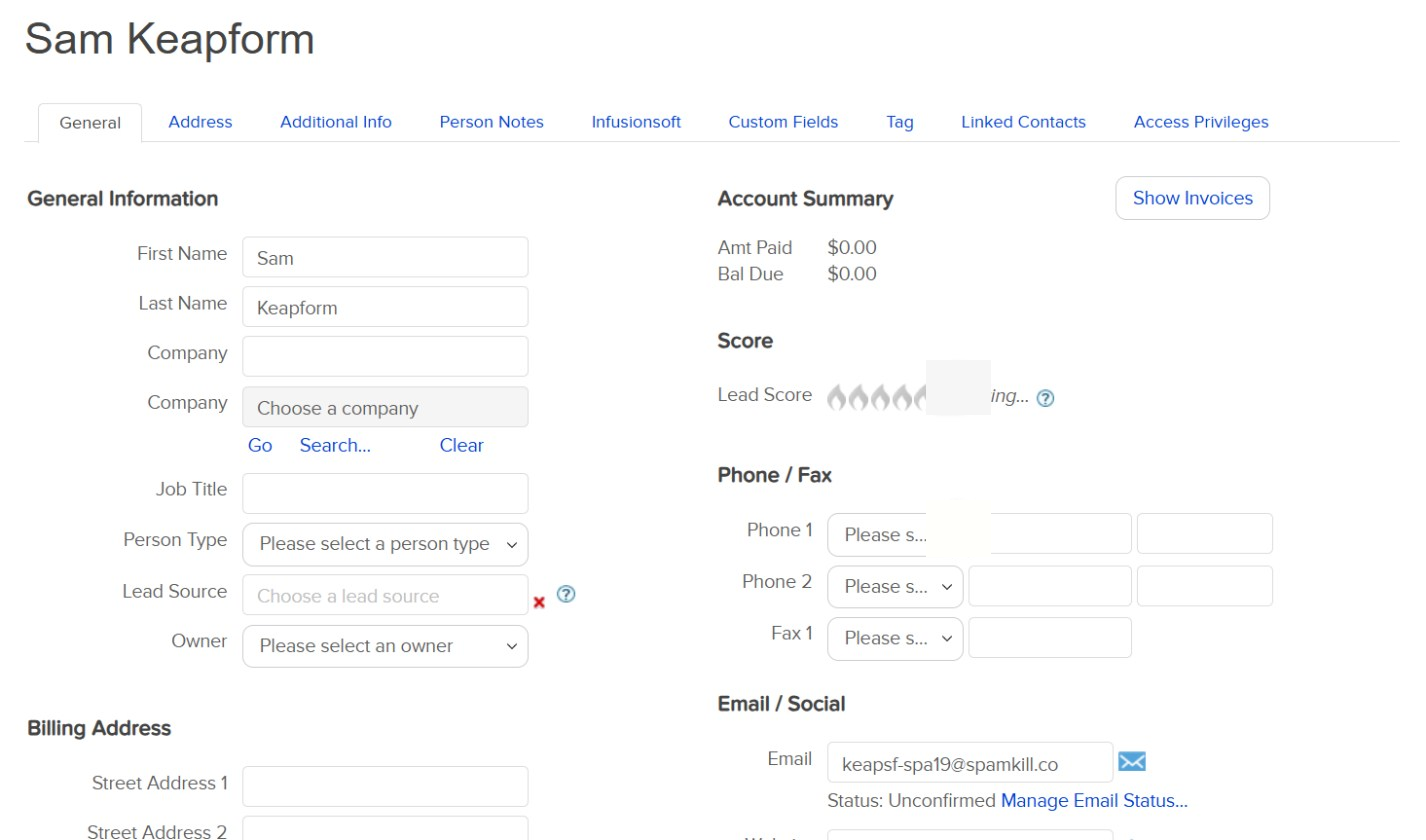 The new Keap contact with First Name Sam, Last Name Keapform and the test email
