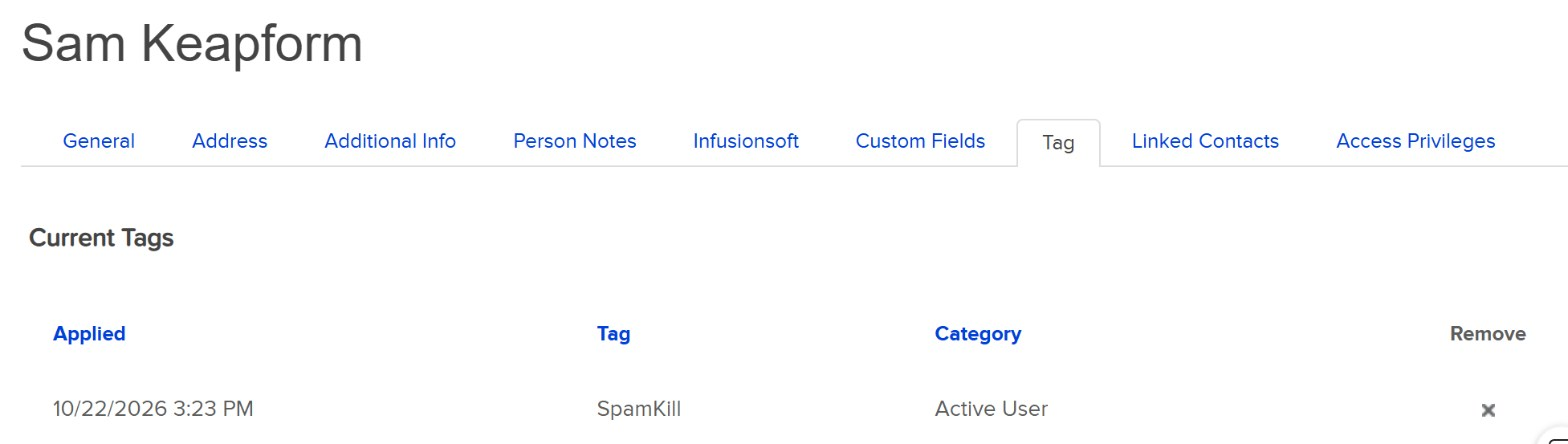 The contact's Tag tab with the SpamKill tag applied
