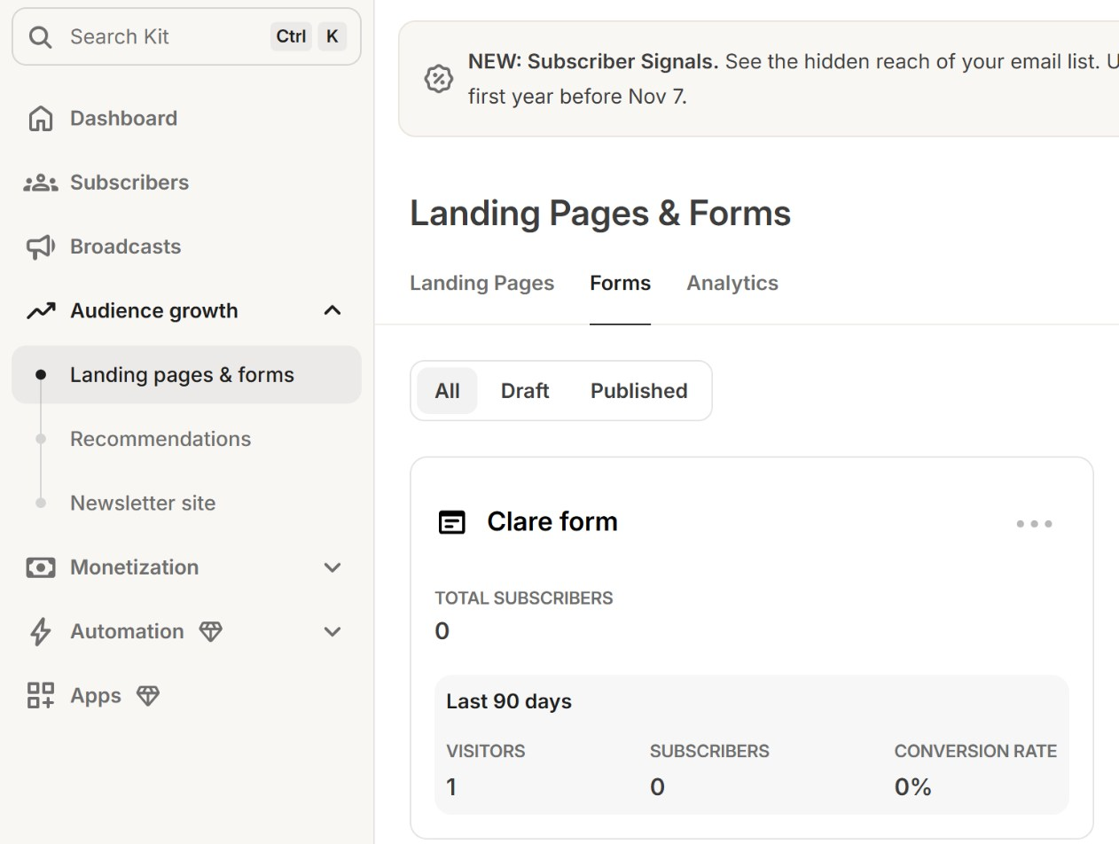 Landing Pages & Forms in Kit with the Forms tab open and a form named Clare form
