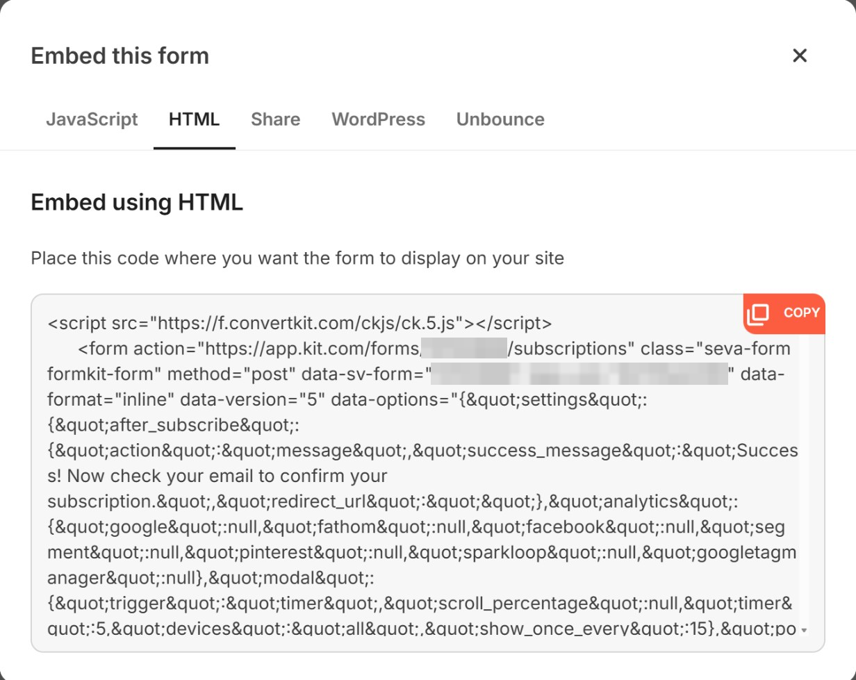 Kit's Embed this form dialog on the HTML tab, showing the form code and a Copy button