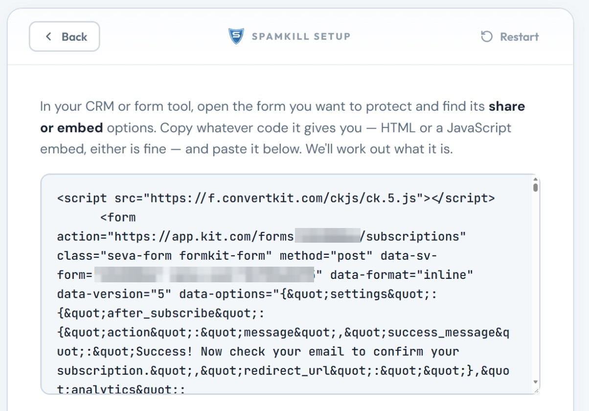 The Setup Wizard with Kit's form code pasted in the box, starting with the ck.5.js script line