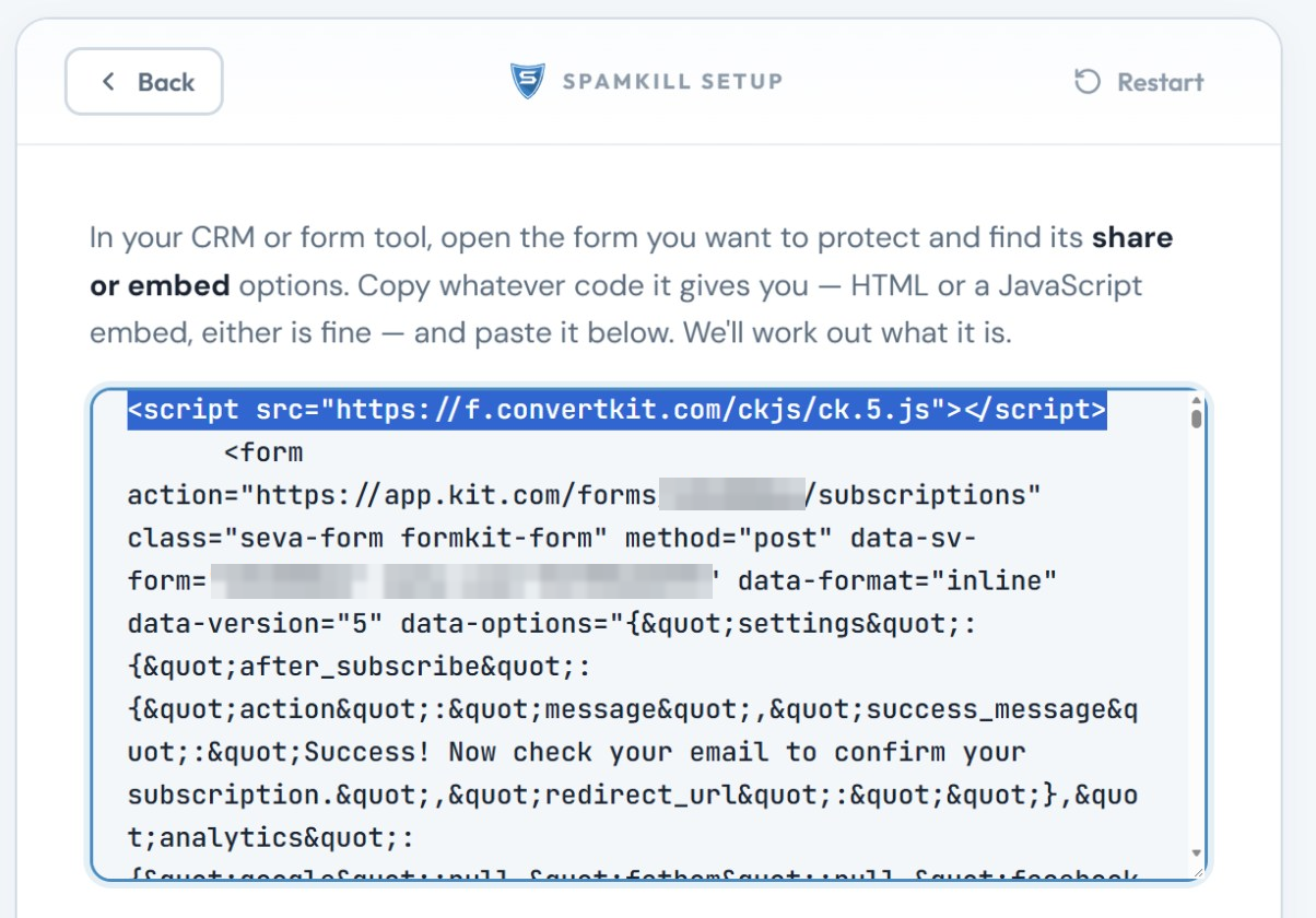 The ck.5.js script line selected at the top of the code in the Setup Wizard box