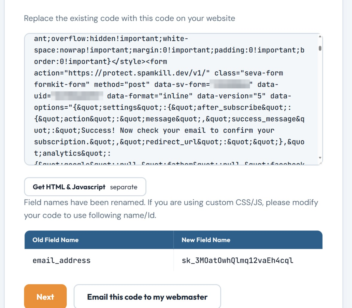 Replace the existing code with this code on your website, above the protected form code posting to protect.spamkill.dev