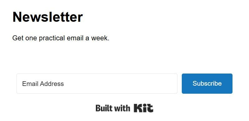 A Newsletter page showing the protected Kit form with an Email Address field and a Subscribe button
