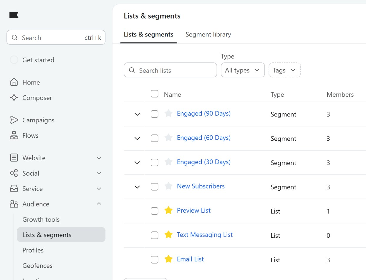 Lists & segments in Klaviyo, listing segments and lists including Email List