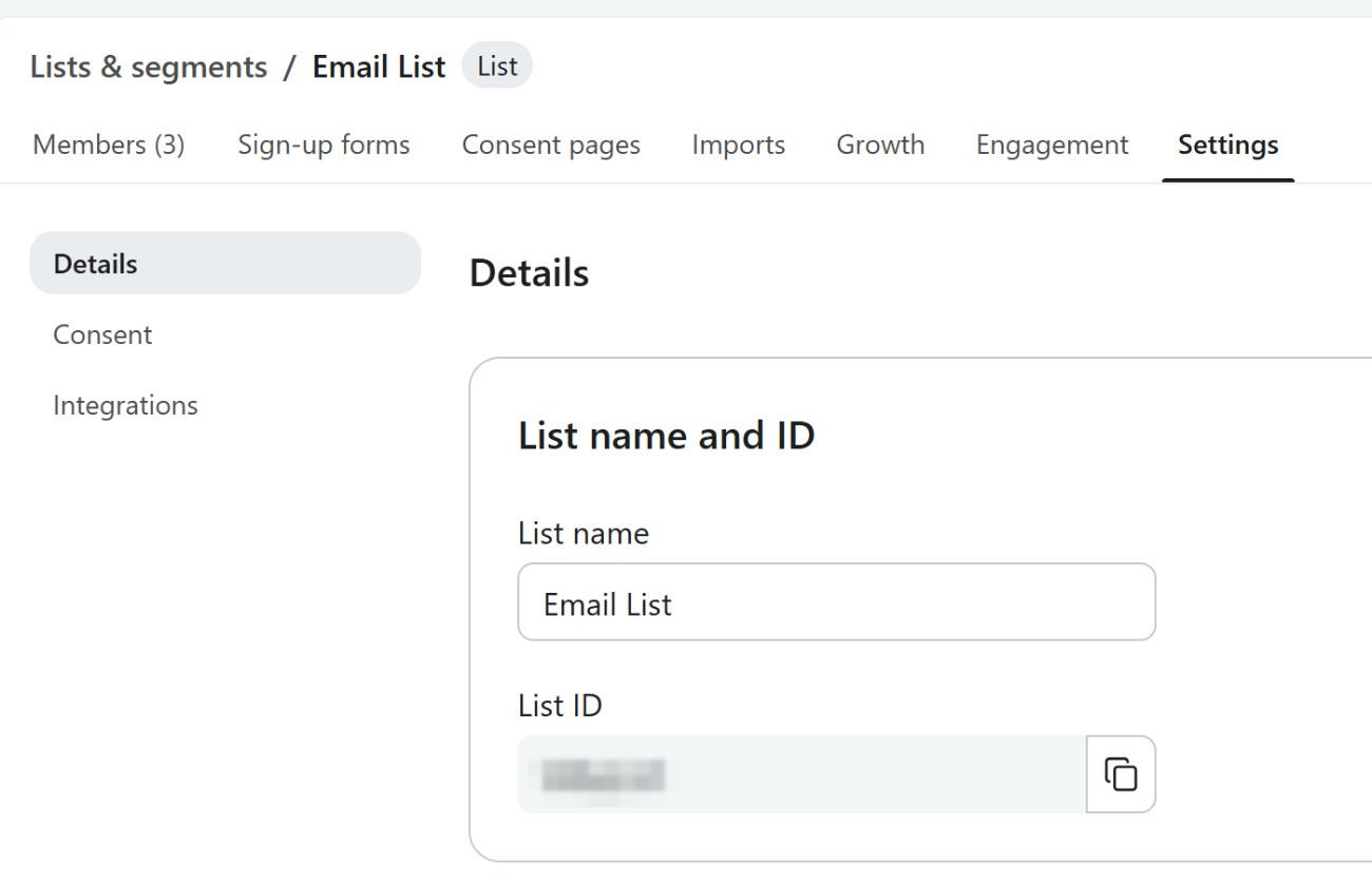 The Settings tab of a Klaviyo list, showing the list name and List ID with a copy button