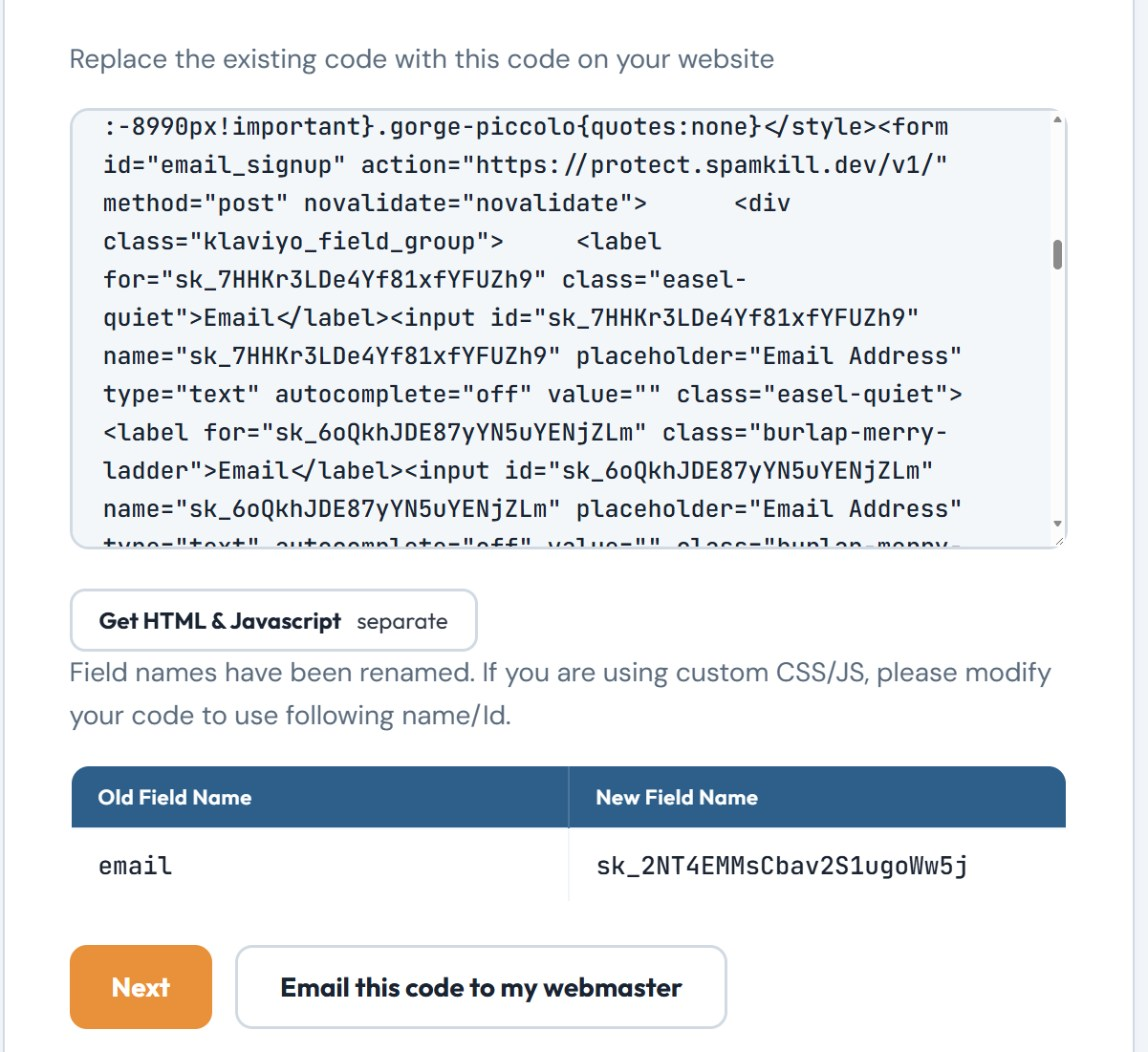 Replace the existing code with this code on your website, above the protected form code posting to protect.spamkill.dev