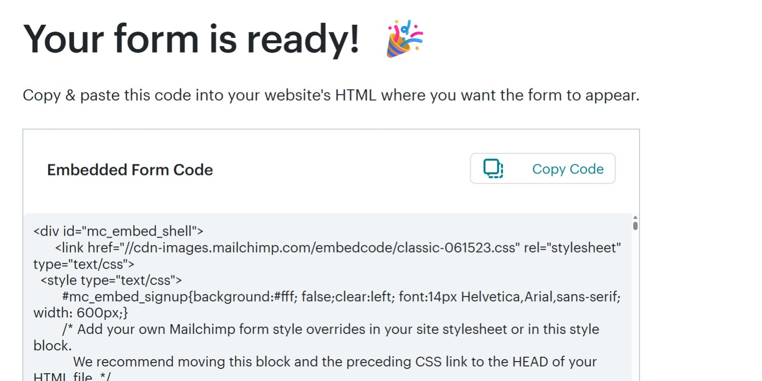 Your form is ready! with the Embedded Form Code box and a Copy Code button