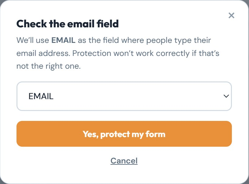 The Check the email field dialog with EMAIL selected and a Yes, protect my form button