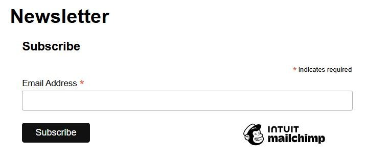 A Newsletter page showing the protected Mailchimp Subscribe form with an Email Address field