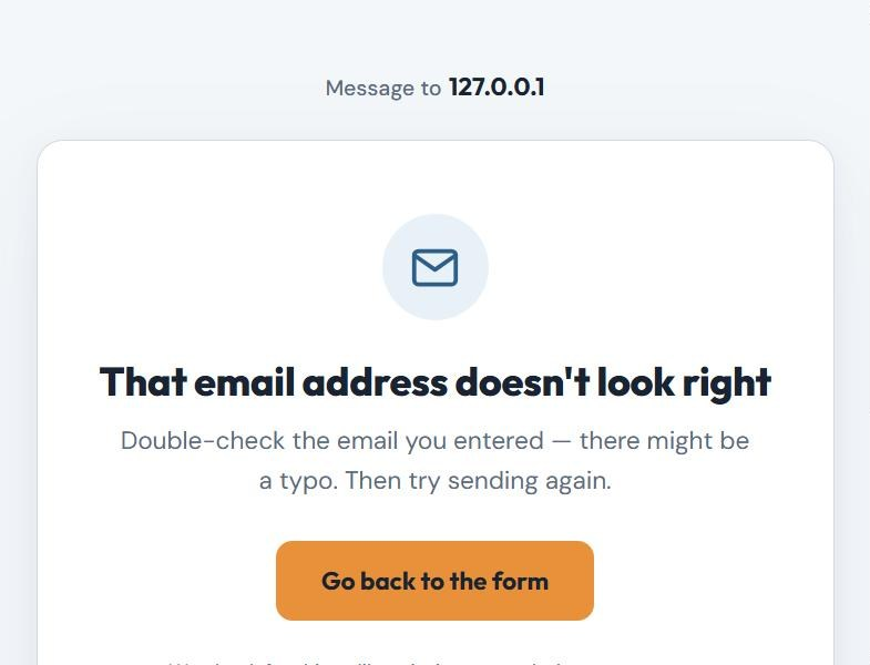SpamKill's That email address doesn't look right page with a Go back to the form button