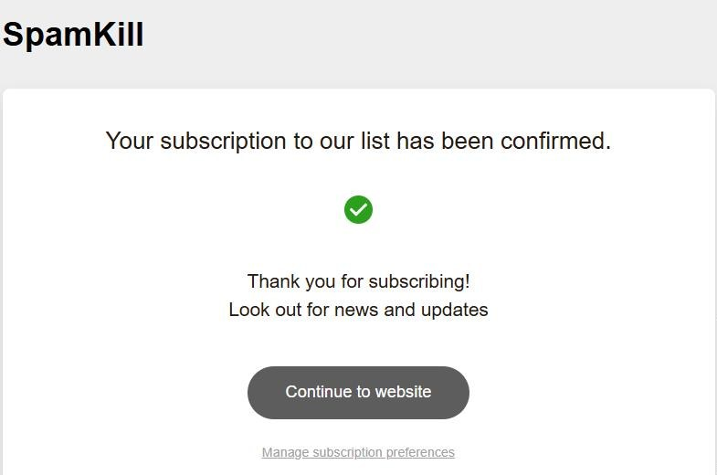 Mailchimp's page saying Your subscription to our list has been confirmed, with a Continue to website button