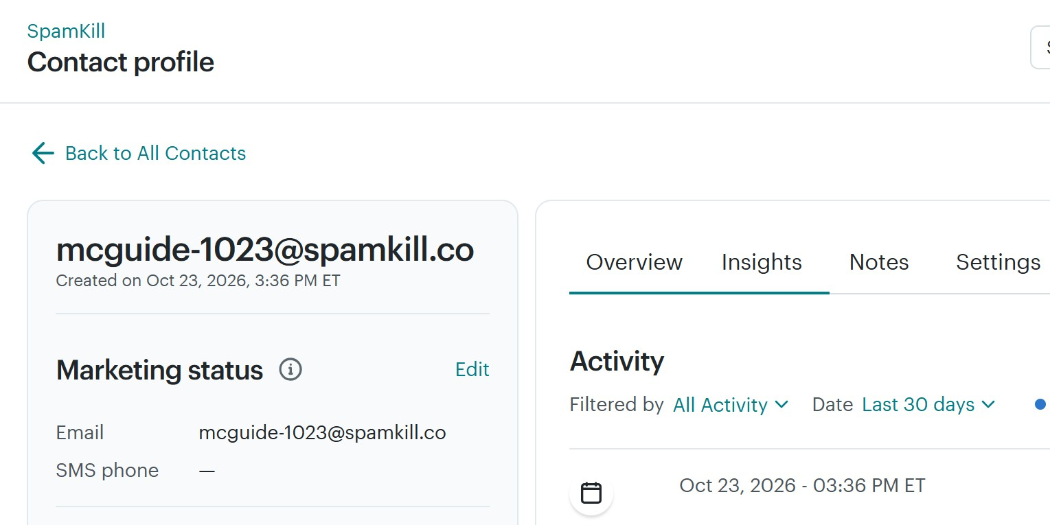 The new contact's profile in Mailchimp with the test email address