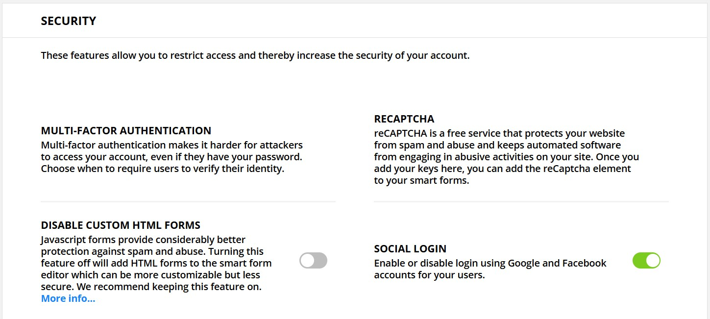 Ontraport's Security settings with the Disable Custom HTML Forms switch turned off
