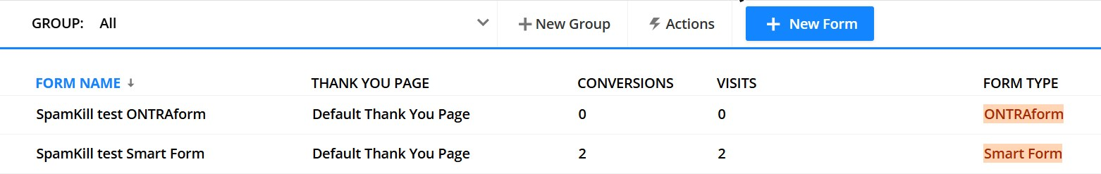 Ontraport's Forms list with the New Form button