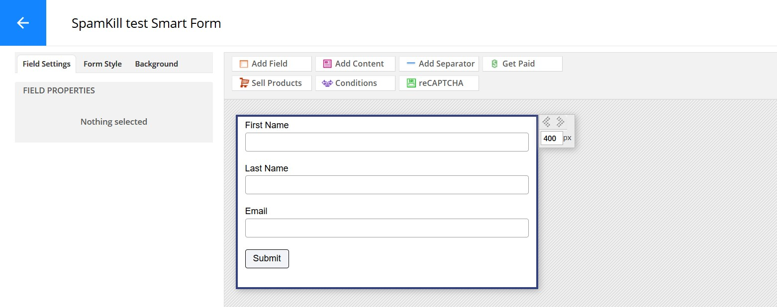 The Smart Form editor with First Name, Last Name, Email and an Add Field button