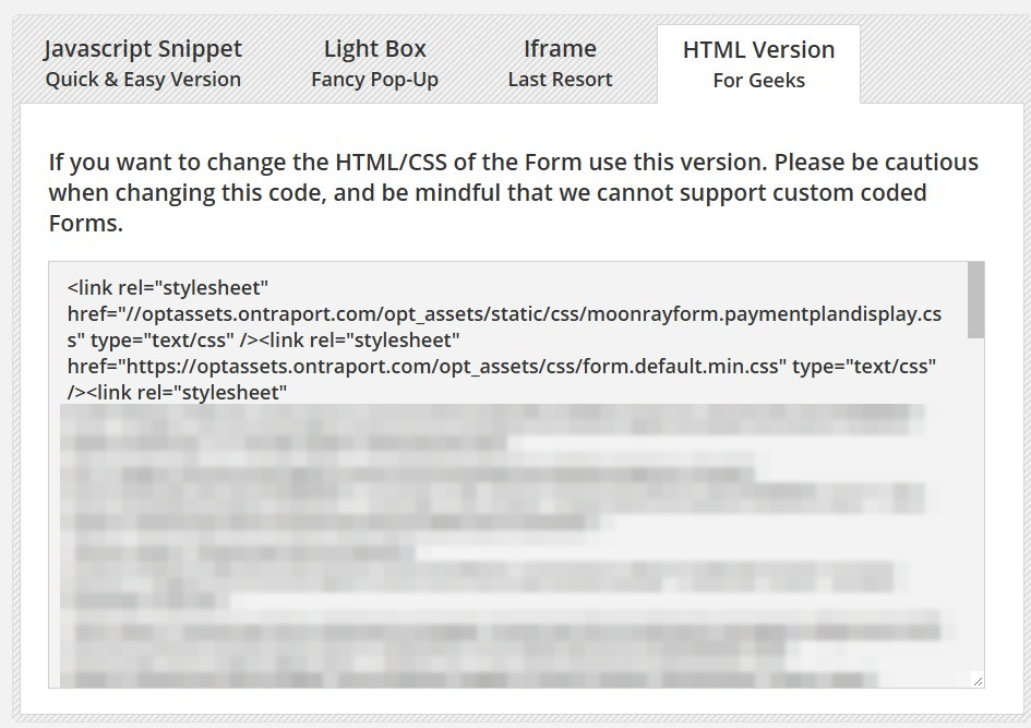 The Publish tab's HTML Version (For Geeks) with the form's code