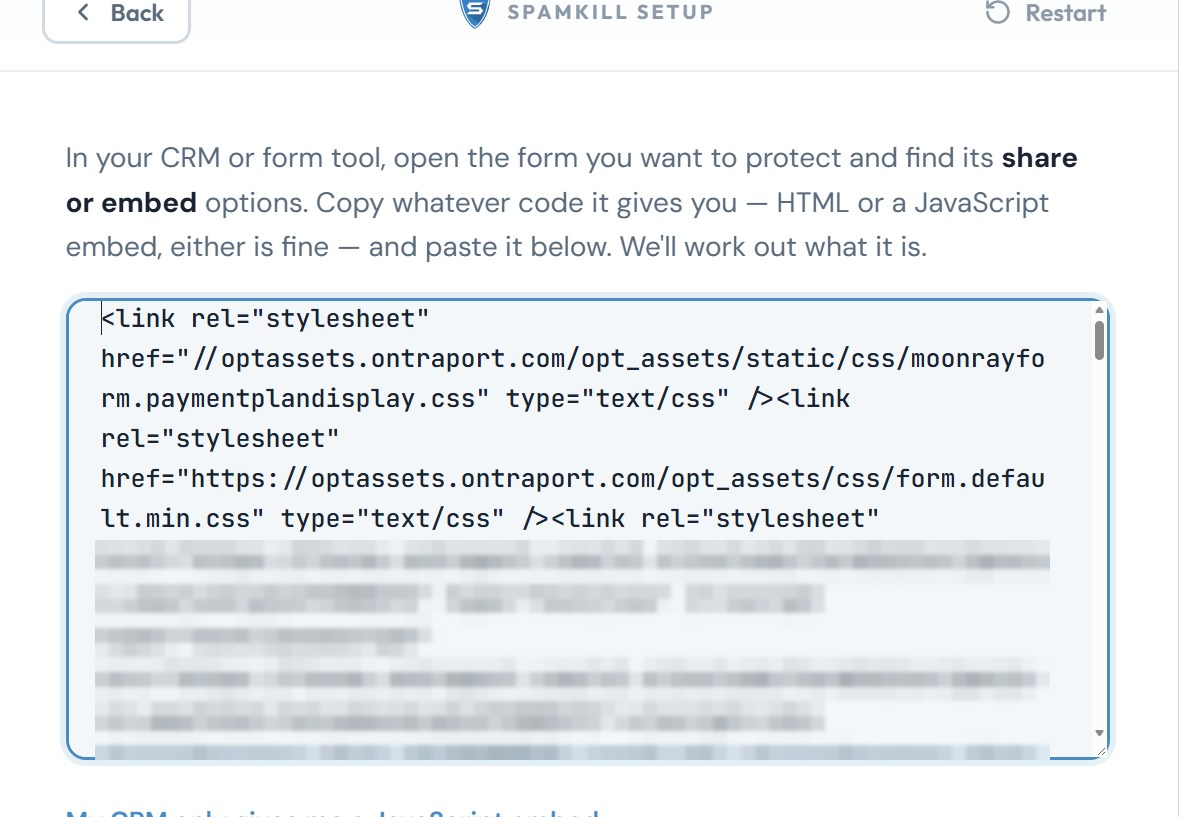 The Setup Wizard with Ontraport's form code pasted in the box