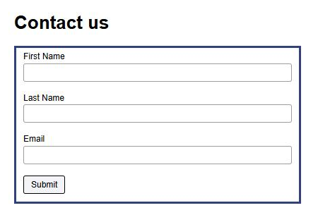 A Contact us page showing the protected Ontraport form with First Name, Last Name, Email and a Submit button