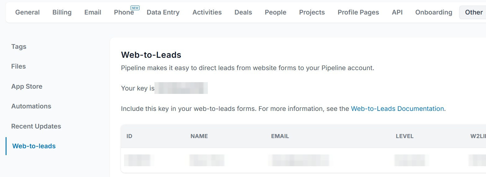 Pipeline Account Settings with the Other tab and Web-to-leads selected
