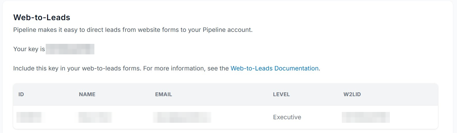 The Web-to-Leads table with each user's ID, name, email, level and W2LID