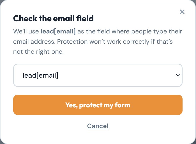 The Check the email field dialog with lead[email] selected and a Yes, protect my form button