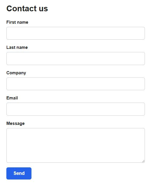 A Contact us page showing the styled form: First name, Last name, Company, Email and Message boxes above a blue Send button