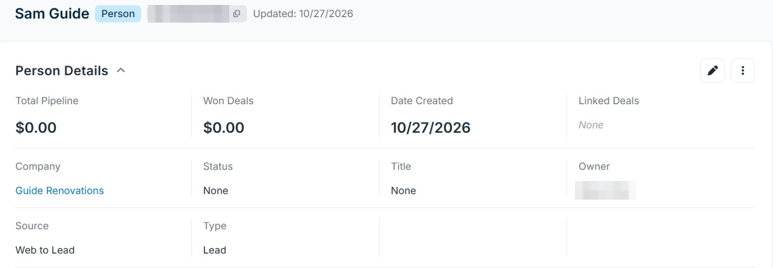 The new lead in Pipeline with its company and Source Web to Lead