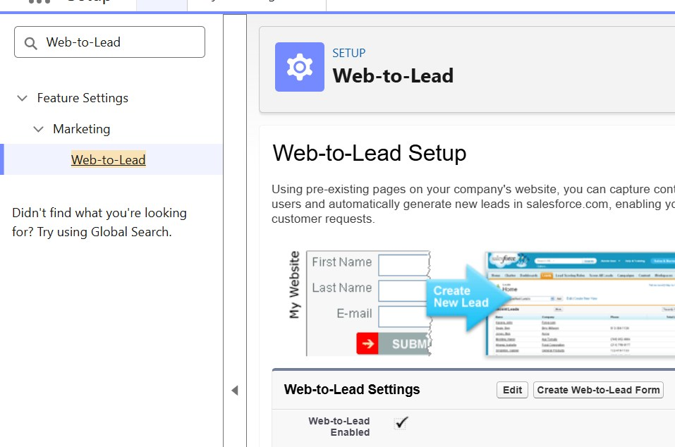 Salesforce Setup with Web-to-Lead found in Quick Find, and the Web-to-Lead Settings box with a Create Web-to-Lead Form button