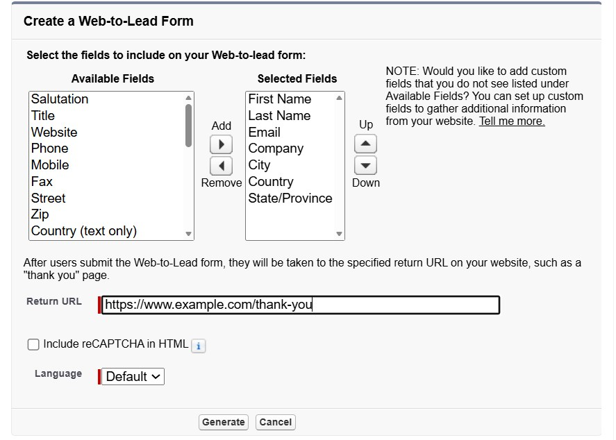 The Create a Web-to-Lead Form page with a Return URL filled in and Include reCAPTCHA in HTML unticked