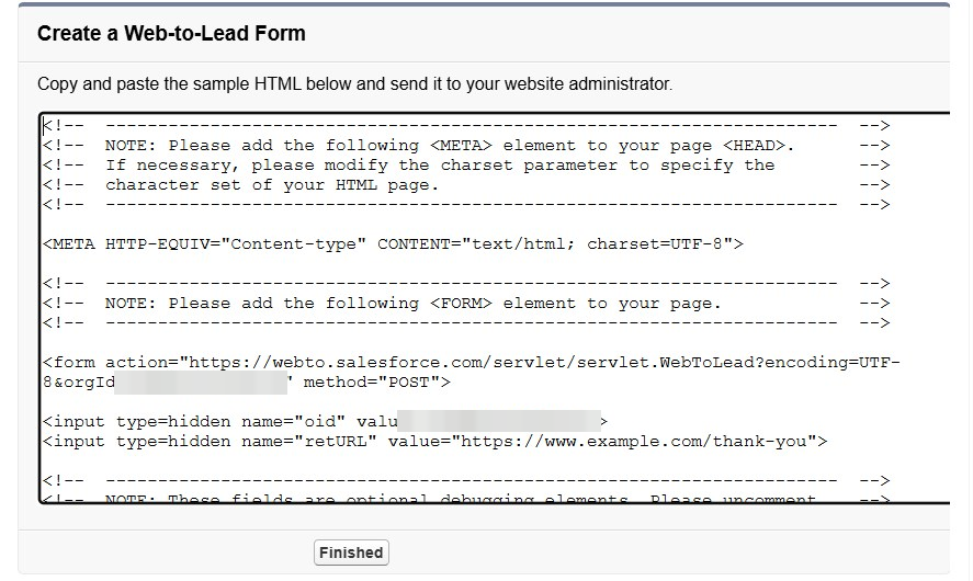 The generated HTML: a form that posts to webto.salesforce.com with hidden oid and retURL fields