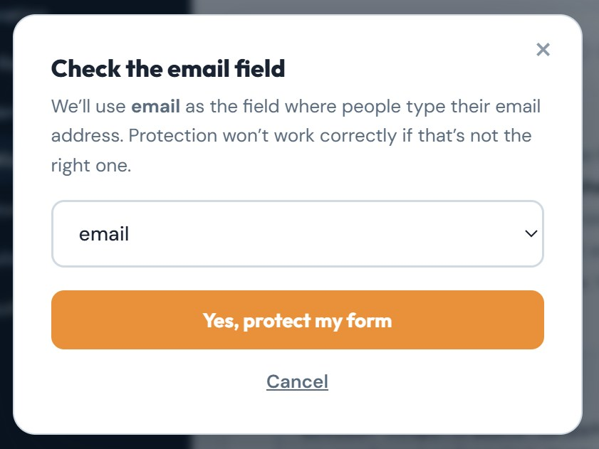 The Check the email field dialog with email selected and a Yes, protect my form button