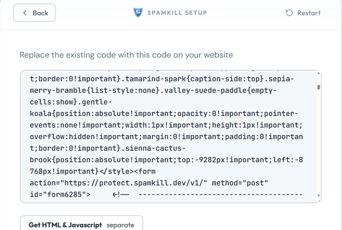 Replace the existing code with this code on your website, above the protected form code, which now posts to protect.spamkill.dev