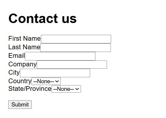 A Contact us page showing the protected Web-to-Lead form with name, email, company, city, country and state fields