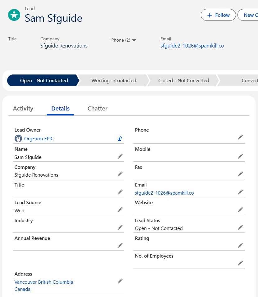 The new lead in Salesforce with company and email filled in, Lead Source Web, and an address of Vancouver, British Columbia, Canada