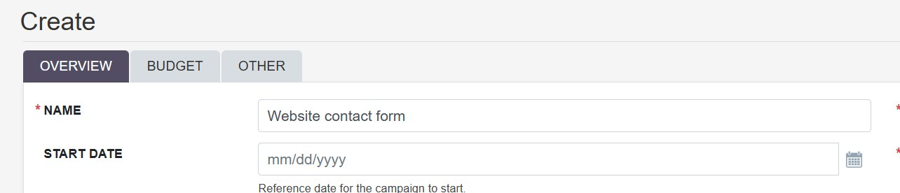 SuiteCRM's Create Campaign form with the name Website contact form