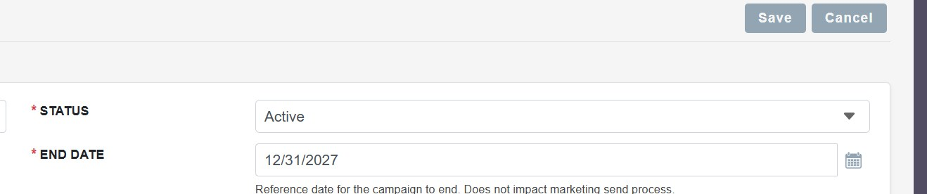 The same form with Status Active, an End Date and the Save button
