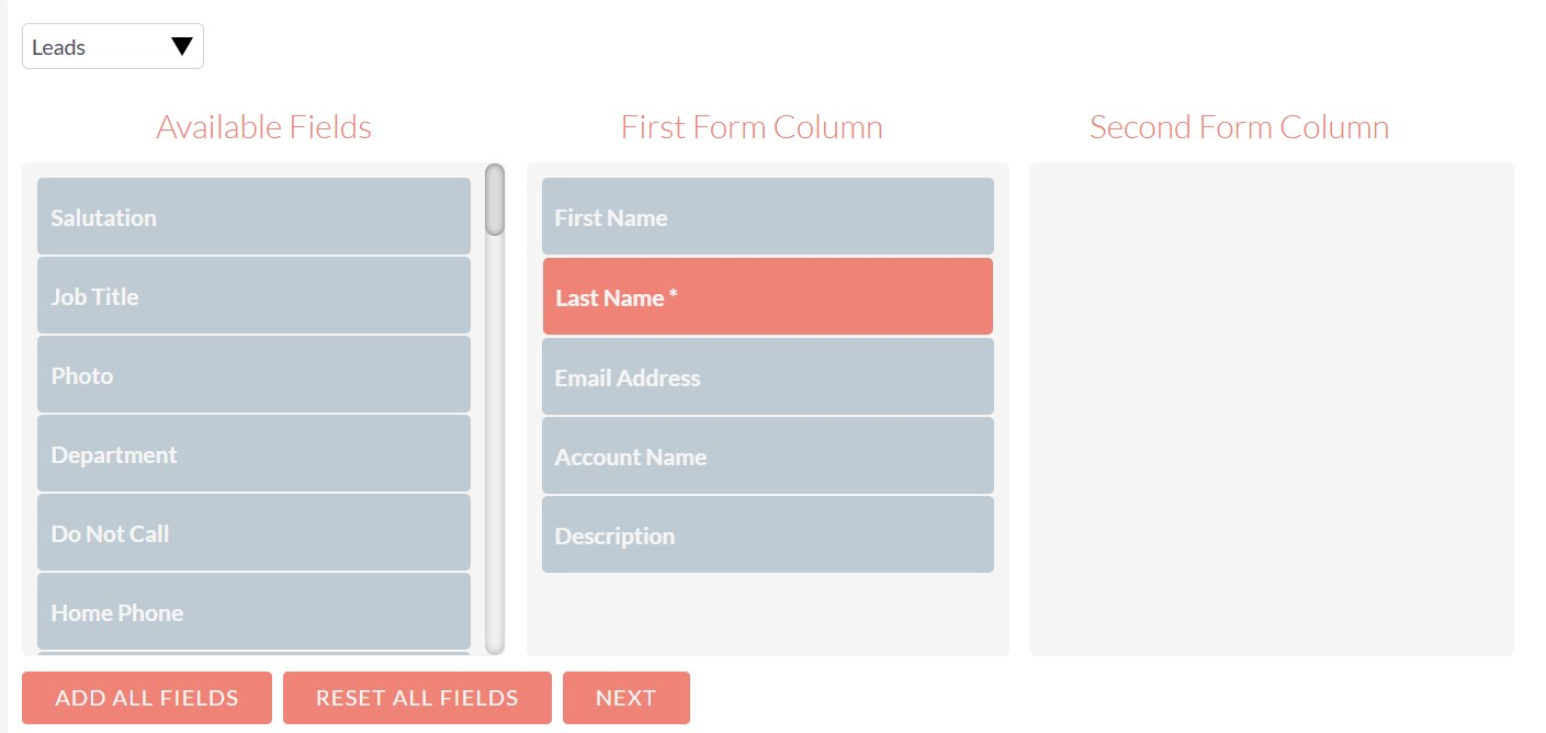 The Person Form builder with First Name, Last Name, Email Address, Account Name and Description in First Form Column
