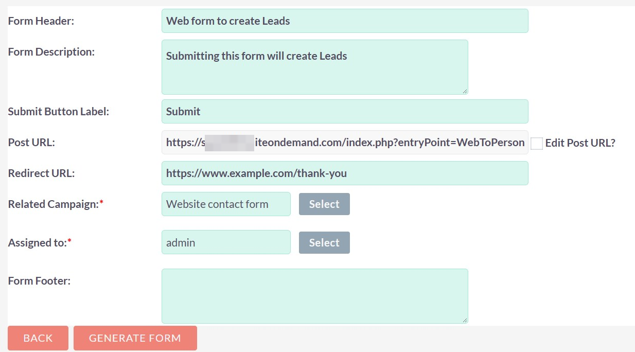 The form settings with a Redirect URL and the Related Campaign Website contact form
