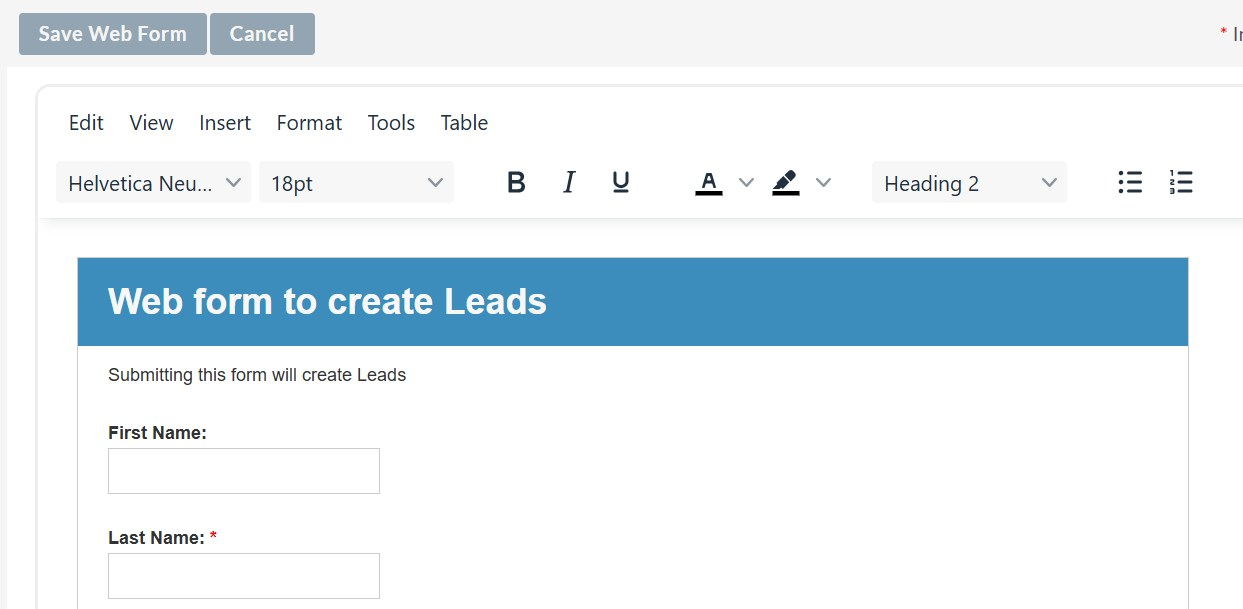 The form preview with the Save Web Form button