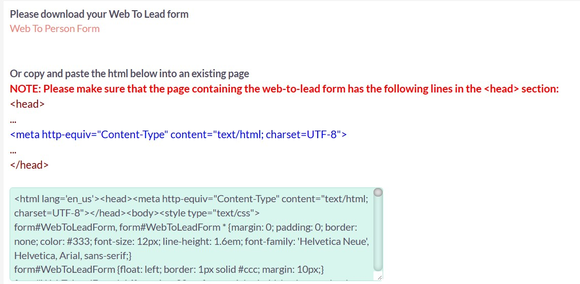 The page with the form's HTML in a box under Or copy and paste the html below into an existing page
