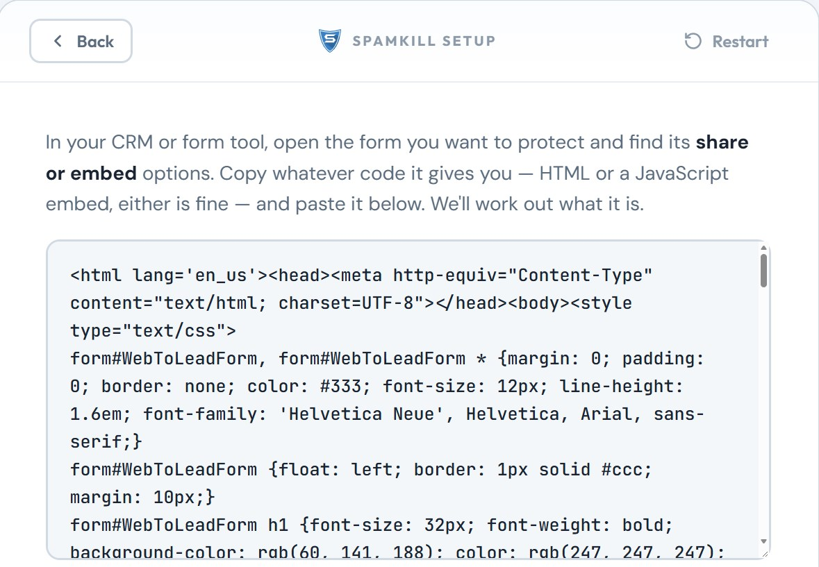 The Setup Wizard with the SuiteCRM form code pasted in the box